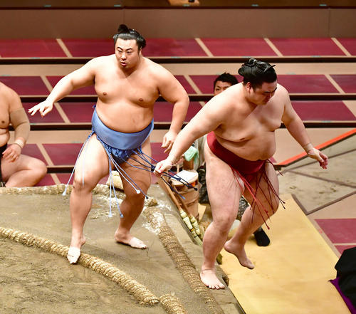 翔猿(左)は送り出しで隆の勝を破り2敗を死守する(撮影・小沢裕)