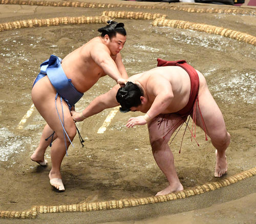 翔猿(左)は隆の勝を送り出しで破る(撮影・柴田隆二)
