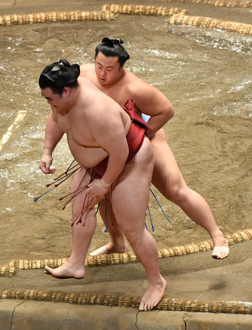 翔猿(右)は隆の勝を送り出しで破る(撮影・柴田隆二)
