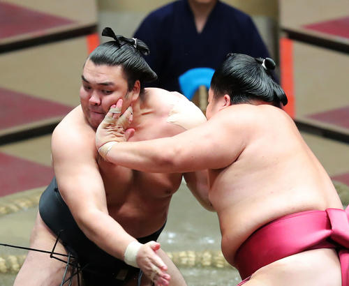 大栄翔(右)の攻めに耐える霧馬山(撮影・河田真司)
