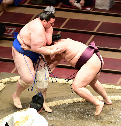 遠藤は碧山（左）を押し出しで破る（撮影・小沢裕）
