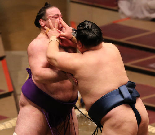 玉鷲（右）の突っ張りを受ける栃ノ心（撮影・野上伸悟）