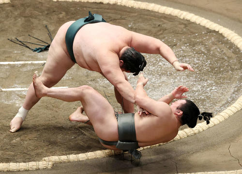 炎鵬（下）を押し倒しで破る豊山（撮影・鈴木正人）