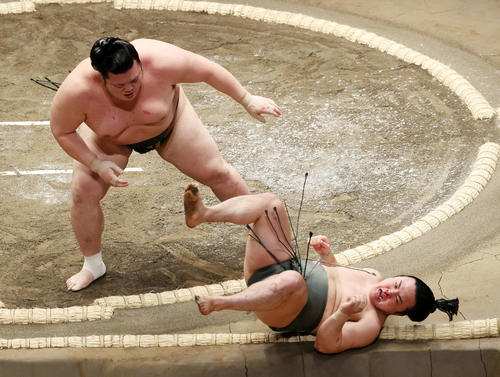 炎鵬（右下）を押し倒しで破る豊山（撮影・鈴木正人）