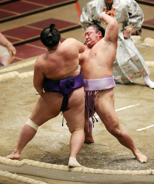 明生（左）を押し出しで破る琴恵光（撮影・野上伸悟）