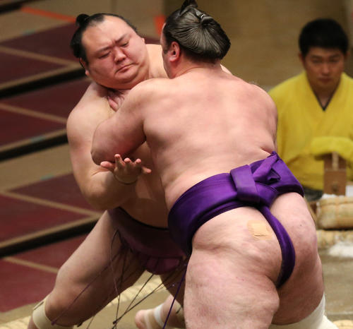 栃ノ心（手前）の寄りをこらえる宝富士（撮影・野上伸悟）