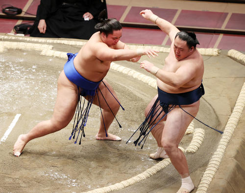 玉鷲（右）を突き出しで破る琴勝峰（撮影・鈴木正人）