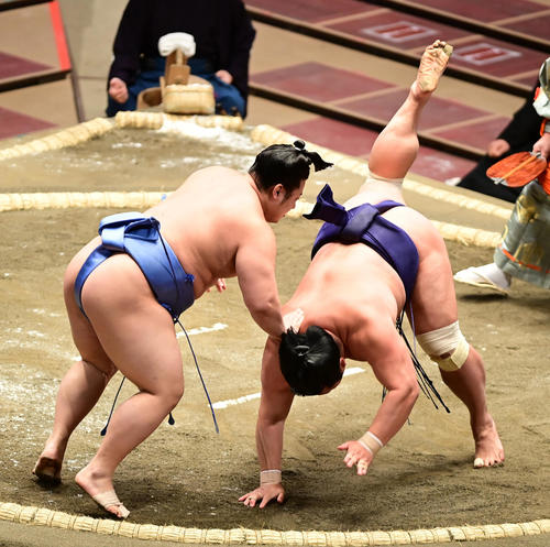 翔猿（左）は突き落としで妙義龍を破る（撮影・小沢裕）
