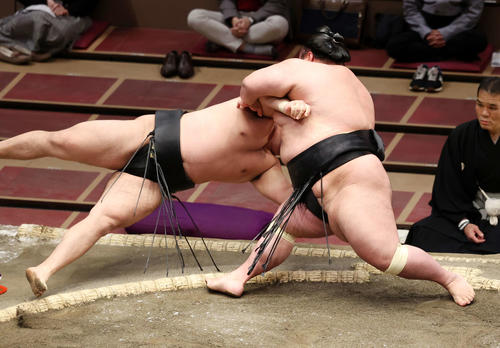 霧馬山（左）を突き落としで破る貴景勝（撮影・鈴木正人）