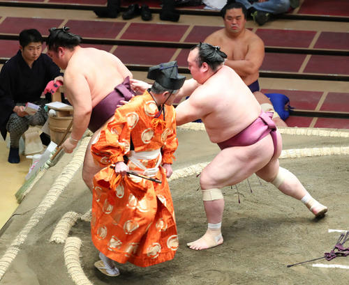 遠藤（左）を送り出しで破る宝富士（撮影・河田真司）