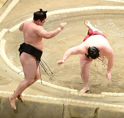 霧馬山（左）を押し出しで破る隆の勝（撮影・小沢裕）