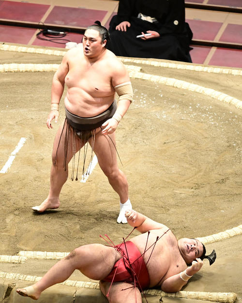 隠岐の海は高安（手前）を突き落としで破る（撮影・小沢裕）