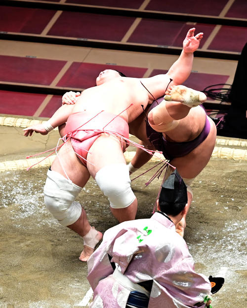 宇良（左）は居反りで旭秀鵬を破る（撮影・小沢裕）