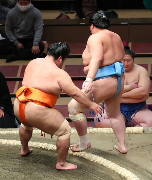 琴ノ若（右）を寄り切りで破る志摩ノ海（撮影・河田真司）