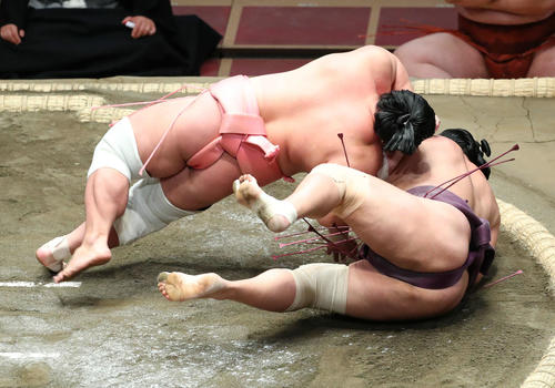 旭秀鵬（右）を居反りで破る宇良（撮影・河田真司）