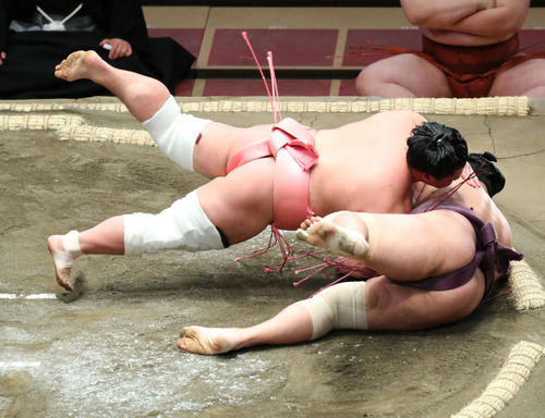 旭秀鵬（右）を居反りで破る宇良（撮影・河田真司）