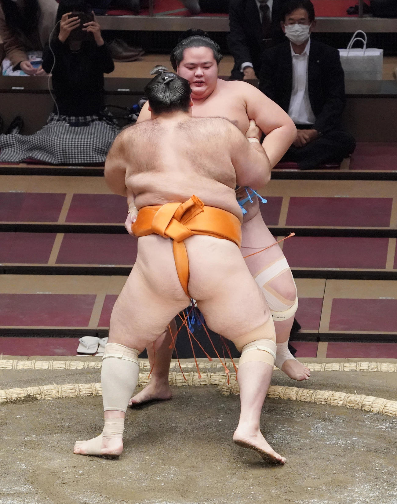 魁聖に寄り切りで破れる琴ノ若（奥）（撮影・菅敏）