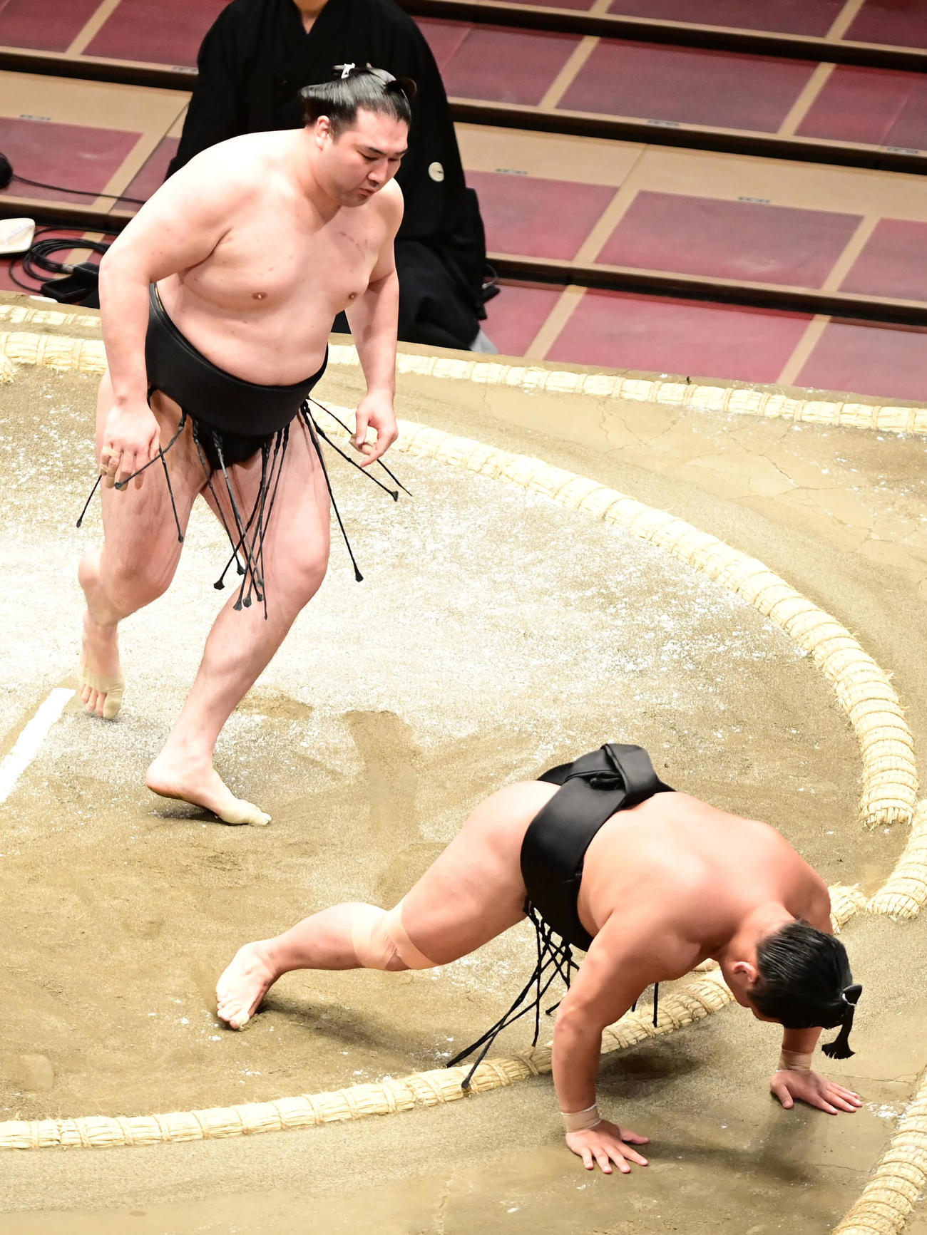 竜電（左）ははたき込みで照強を破る（撮影・小沢裕）