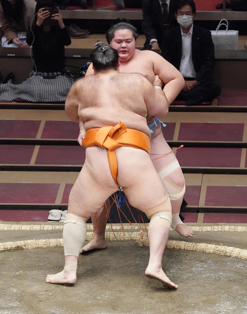 魁聖に寄り切りで破れる琴ノ若（奥）（撮影・菅敏）