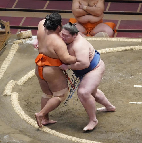 志摩ノ海（左）を寄り切りで破る逸ノ城（撮影・菅敏）