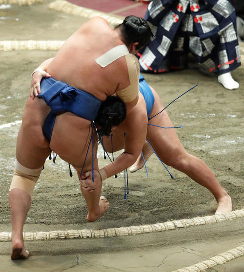 千代の国（左）を渡し込みで破る豊昇龍（撮影・中島郁夫）