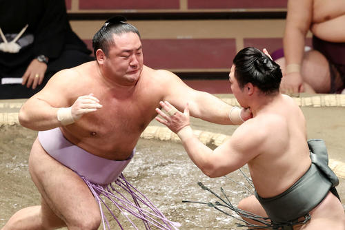 炎鵬（右）を激しく攻める琴恵光（撮影・鈴木正人）