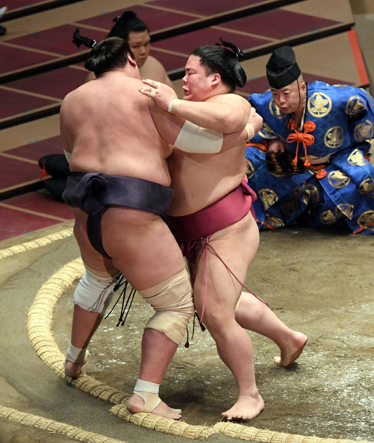 照ノ富士（左）を押し出しで破る大栄翔（撮影・滝沢徹郎）