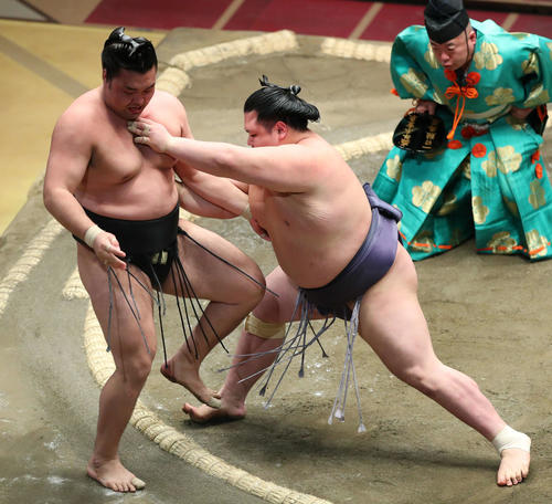 霧馬山（左）を押し出しで破る阿武咲（撮影・河田真司）