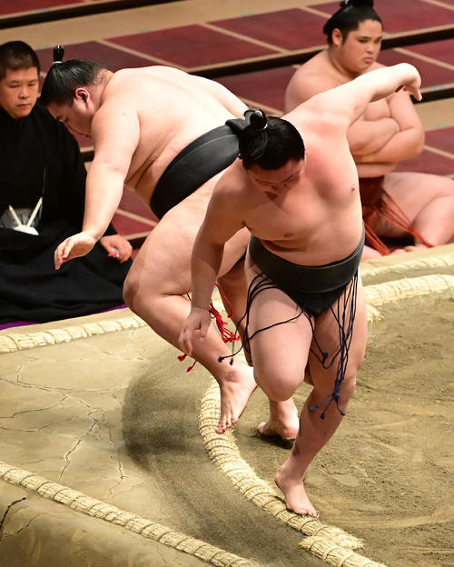 寺沢（手前）は土俵際でこたえると左手で大翔鵬の後ろまわしをつかみ、逆とったりで破る＝2020年11月16日