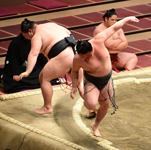 寺沢（手前）は土俵際でこたえると左手で大翔鵬の後ろまわしをつかみ、逆とったりで破る＝2020年11月16日