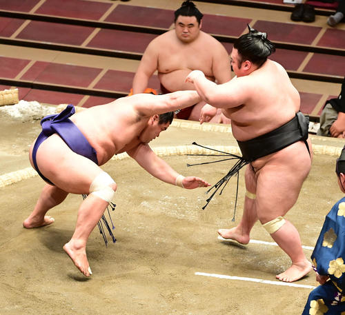 妙義龍（左）をはたき込みで破る貴景勝（撮影・小沢裕）