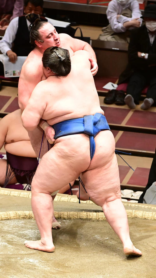 逸ノ城は栃ノ心（左）を寄り切りで破る（撮影・小沢裕）