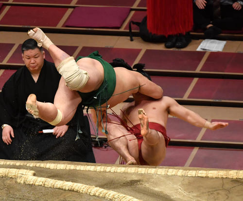 佐田の海（上）は炎鵬を寄り切りで破る（撮影・柴田隆二）