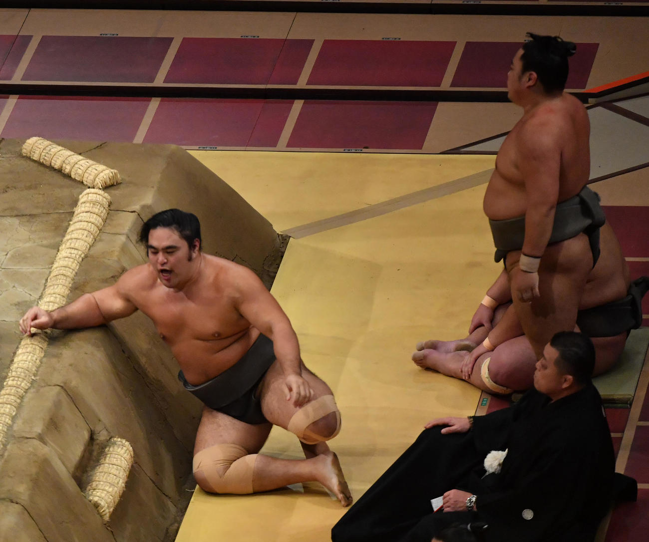 大相撲11月場所11日目　二番後、取り直しで千代の勝（左）が北大地を上手投げで破るも疲労困憊（こんぱい）の表情（撮影・柴田隆二）