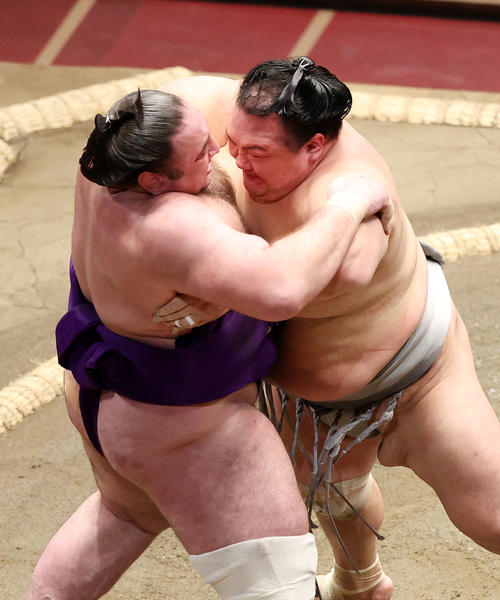 栃ノ心(左)を激しく攻める北勝富士(撮影・鈴木正人)