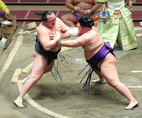 千代翔馬(左)を押し出しで破る明生(撮影・河田真司)
