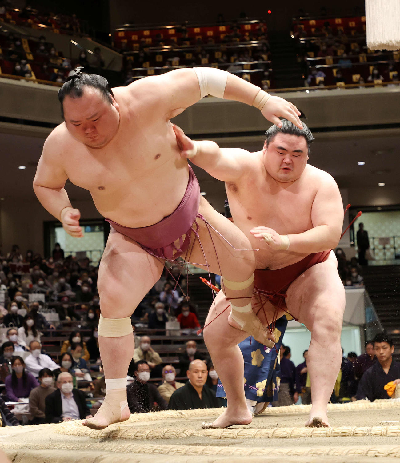 宝富士（左）を押し出しで破る隆の勝（撮影・鈴木正人）