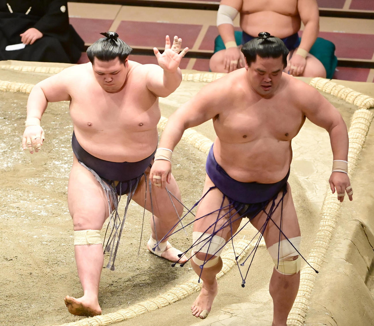 阿武咲（左）は押し出しで妙義龍を破る（撮影・小沢裕）