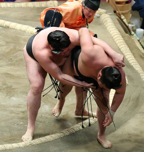 霧馬山(右)を寄り切りで破る竜電(撮影・河田真司)