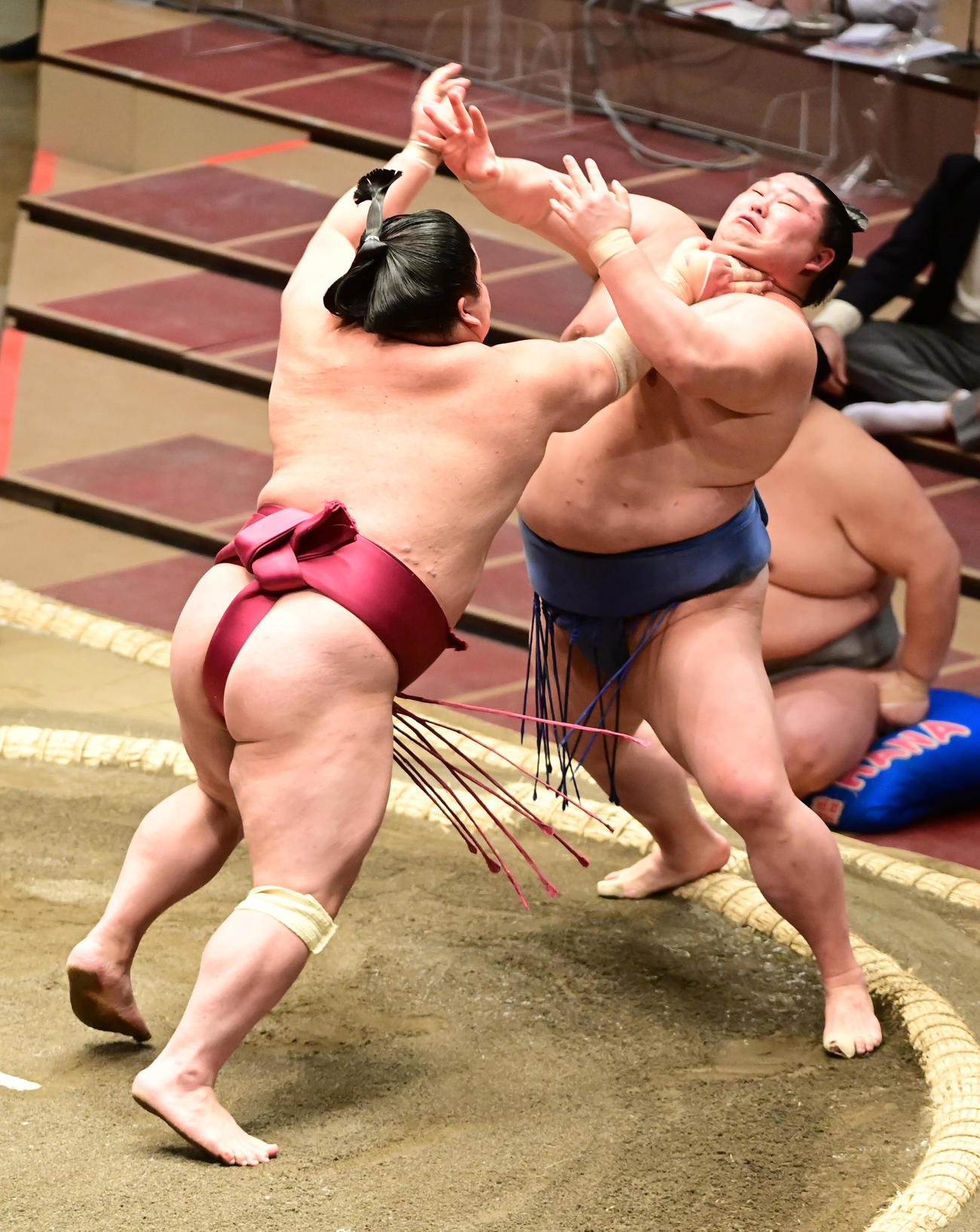 大栄翔（左）は正代を突き出しで破る（撮影・小沢裕）