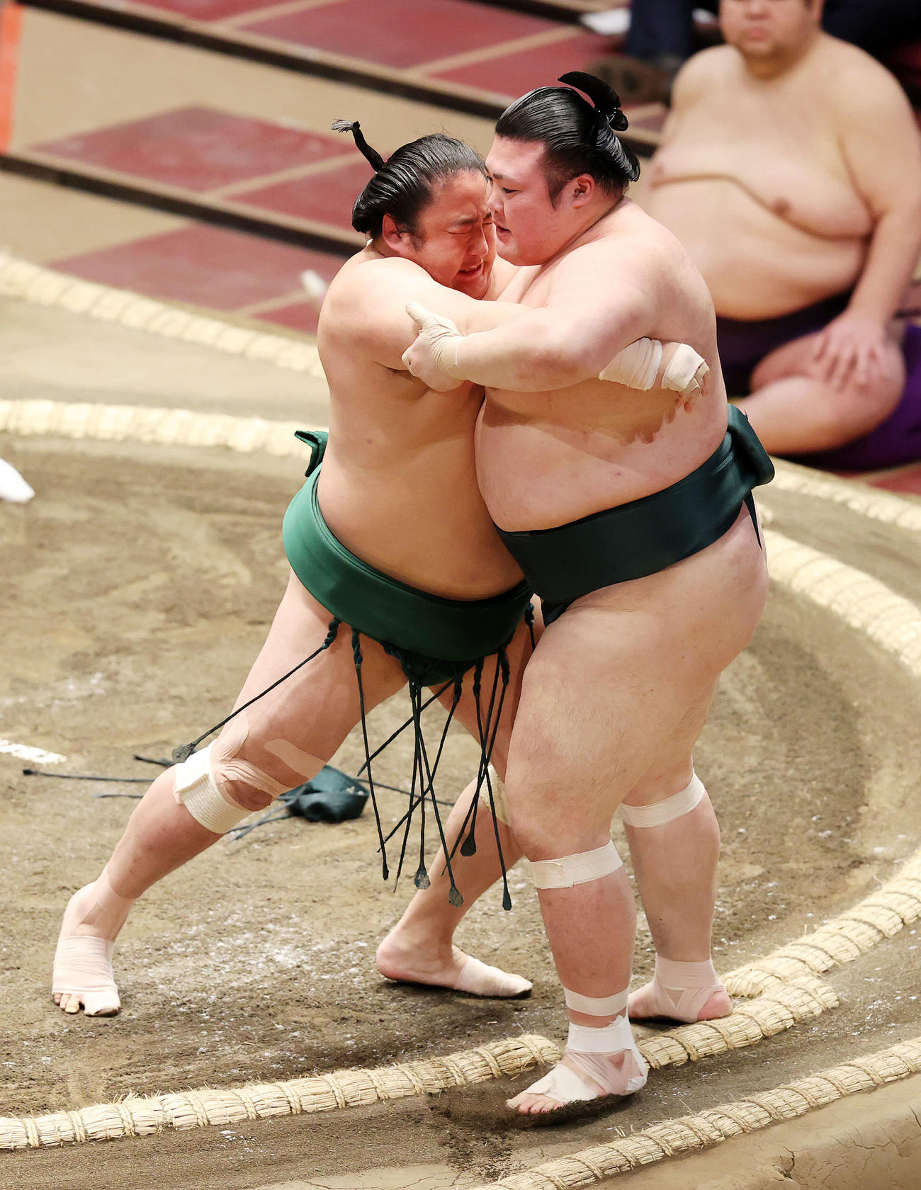 豊山（右）を寄り切りで破る佐田の海（撮影・鈴木正人）