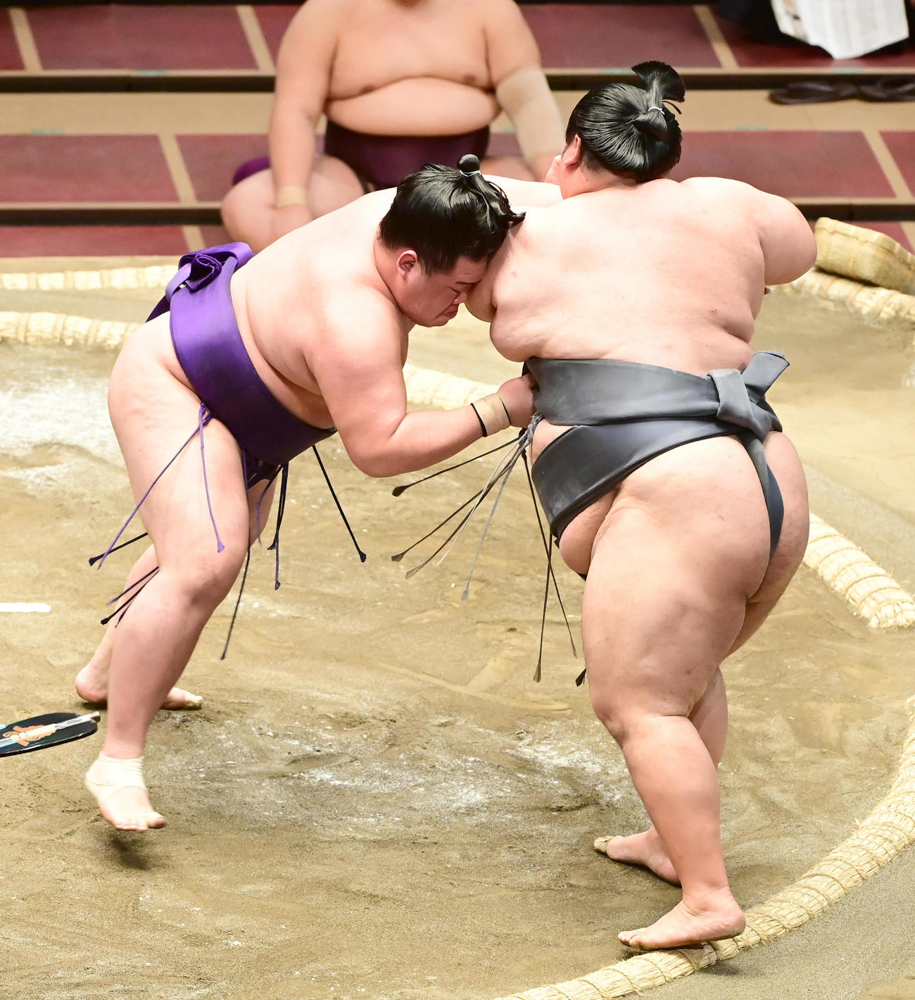 徳勝龍（右）を寄り切りで破る明生（撮影・小沢裕）