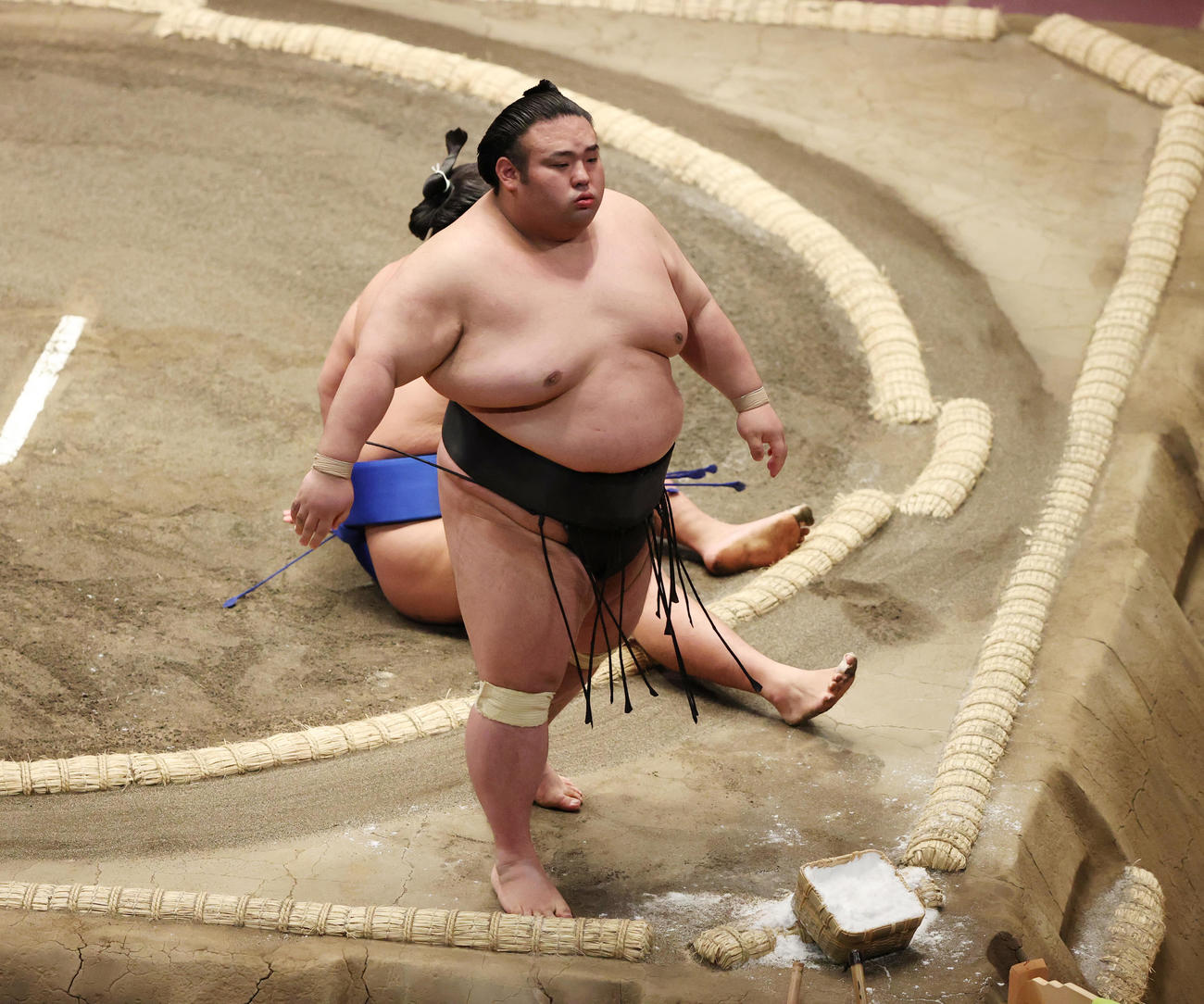 琴勝峰（奥）を突き落としで破る貴景勝（撮影・野上伸悟）