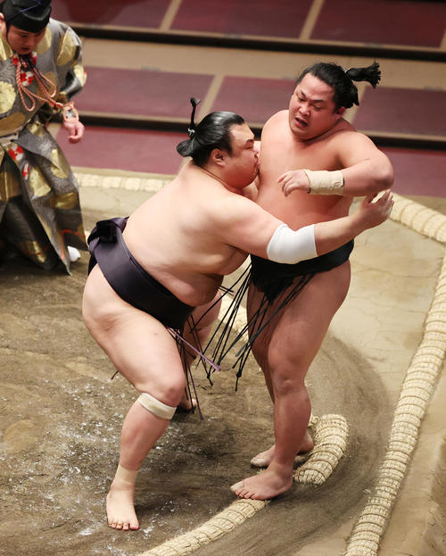 翠富士（右）を寄り切りで破る英乃海（撮影・野上伸悟）