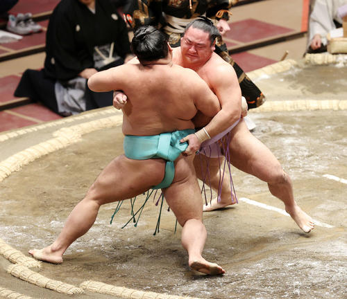 天空海（左）を攻める琴恵光（撮影・鈴木正人）