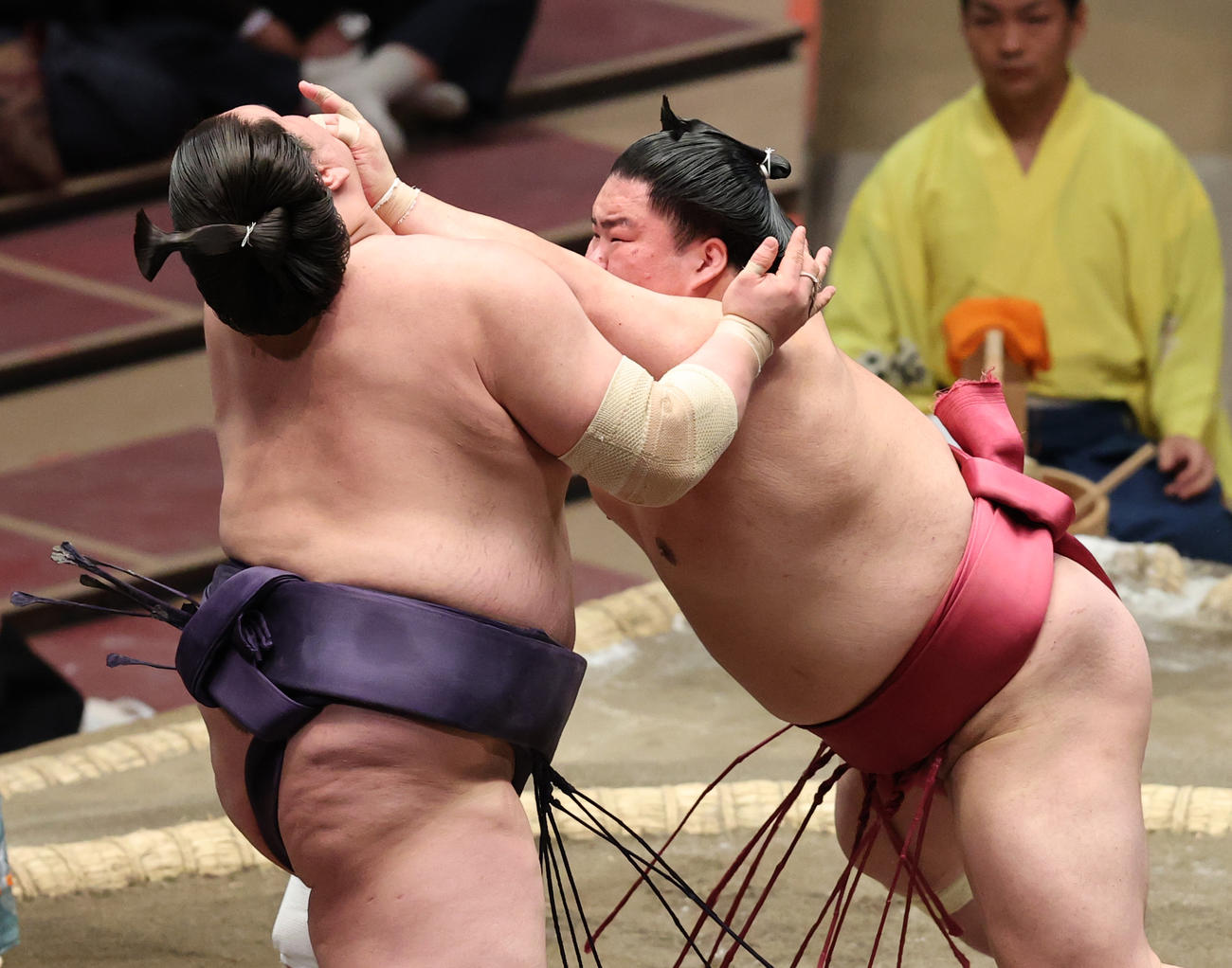 照ノ富士（左）を押し出しで破った大栄翔（撮影・野上伸悟）