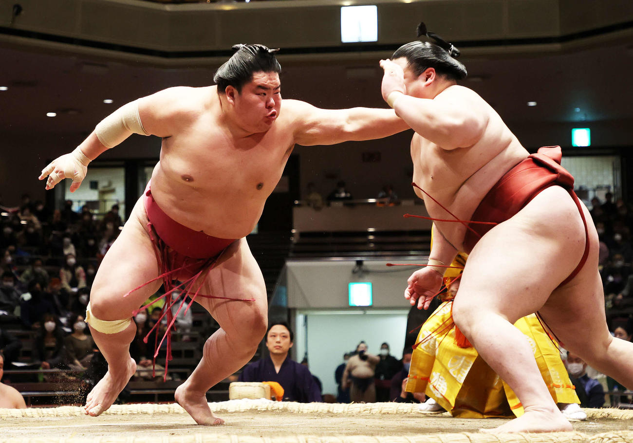 隆の勝（右）を押し出しで破る大栄翔（撮影・鈴木正人）