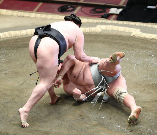 北勝富士（右）を上手投げで破る竜電（撮影・河田真司）