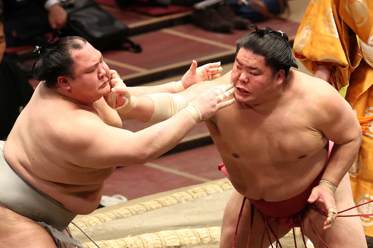 北勝富士（左）を突っ張る大栄翔（撮影・河野匠）