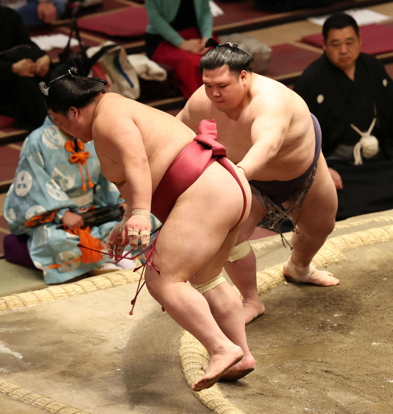 阿武咲（右）に突き落とされる大栄翔（撮影・河野匠）